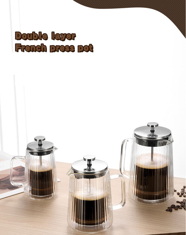 350ML Double Wall Glass French Press Coffee Maker - Borosilicate Glass Coffee Plunger with 304 Stainless Steel Filter, Heat Resistant Vertical Ribbed Design for Home Brewing