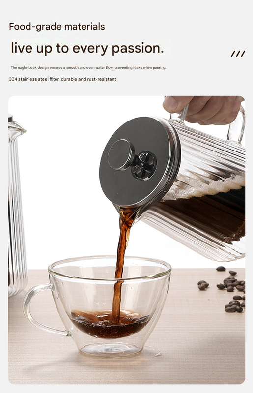 650ML Double Wall Glass French Press Coffee Maker - Borosilicate Glass Coffee Plunger with 304 Stainless Steel Filter, Heat Resistant Vertical Ribbed Design for Home Brewing