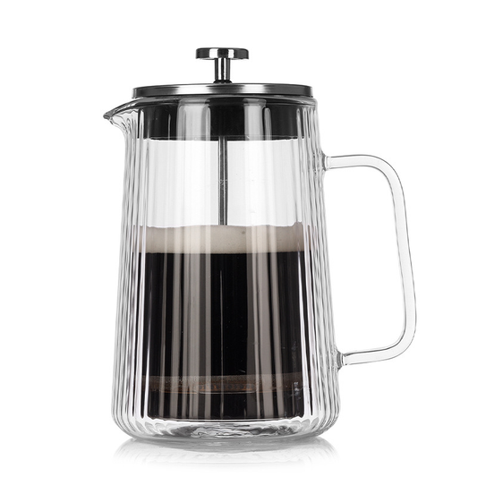 1000ML Double Wall Glass French Press Coffee Maker - Borosilicate Glass Coffee Plunger with 304 Stainless Steel Filter, Heat Resistant Vertical Ribbed Design for Home Brewing