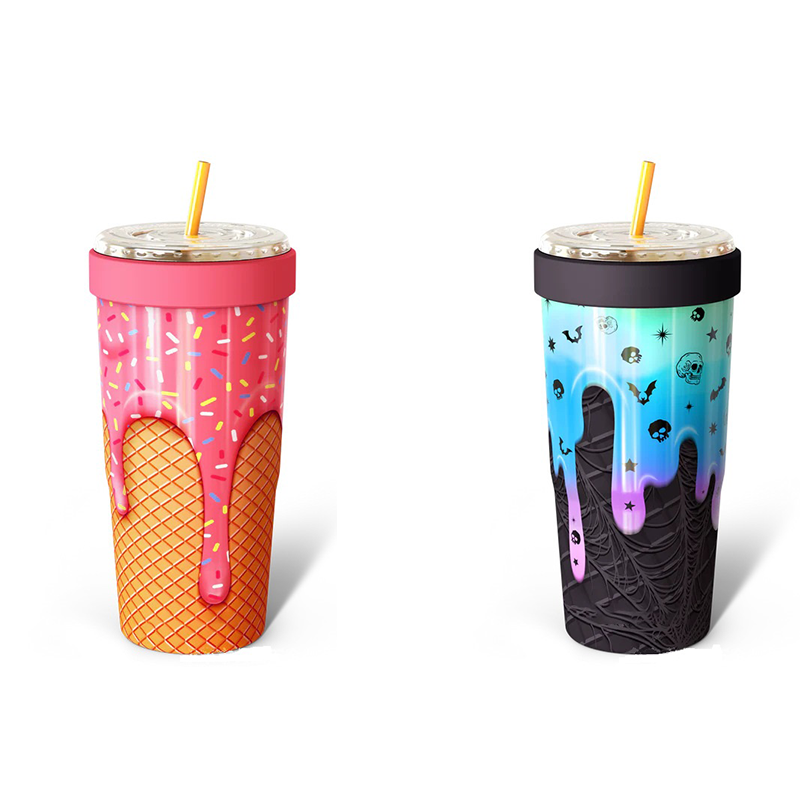2-piece Pink-orange and Blue-black 30oz Stainless Steel Tumbler with Universal Cup Insulator - Double Wall Vacuum Insulated Coffee Cup, Cup Holder Friendly, Keeps Drinks Cold for 12 Hours