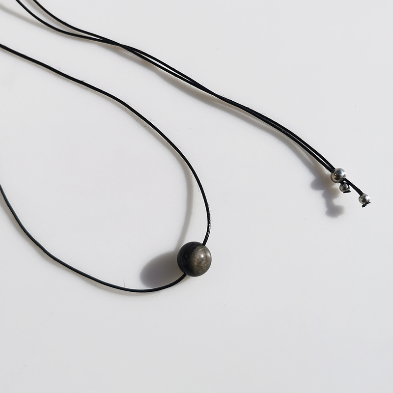 Vintage Geometric Natural Stone Bead Pendant Necklace Adjustable Black Rope Collarbone Chain Unisex Boho Jewelry Gift-Silver Obsidian