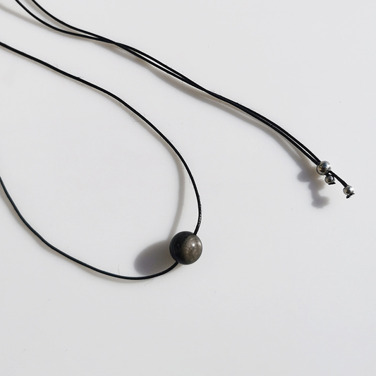 Vintage Geometric Natural Stone Bead Pendant Necklace Adjustable Black Rope Collarbone Chain Unisex Boho Jewelry Gift-Silver Obsidian