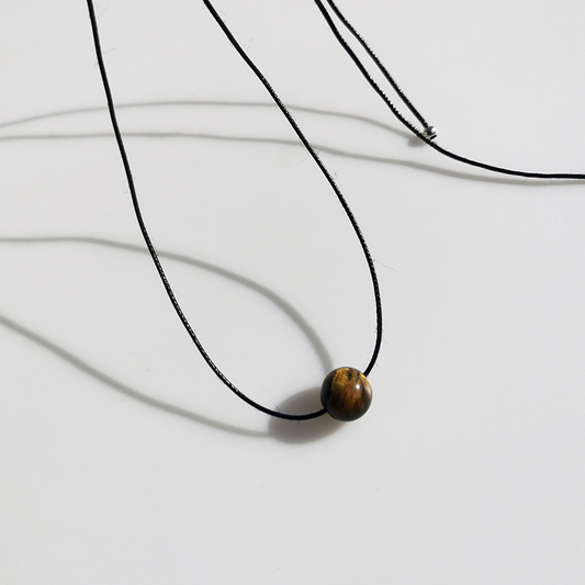 Vintage Geometric Natural Stone Bead Pendant Necklace Adjustable Black Rope Collarbone Chain Unisex Boho Jewelry Gift-Tiger's Eye stone