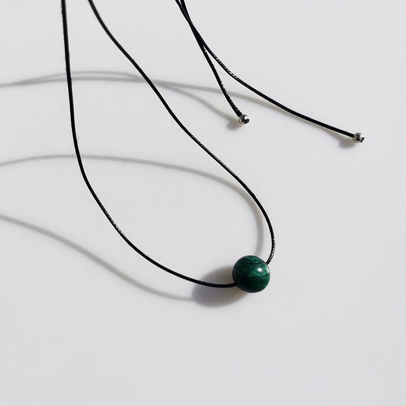 Vintage Geometric Natural Stone Bead Pendant Necklace Adjustable Black Rope Collarbone Chain Unisex Boho Jewelry Gift-malachite