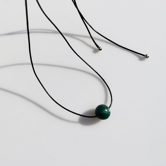 Vintage Geometric Natural Stone Bead Pendant Necklace Adjustable Black Rope Collarbone Chain Unisex Boho Jewelry Gift-malachite