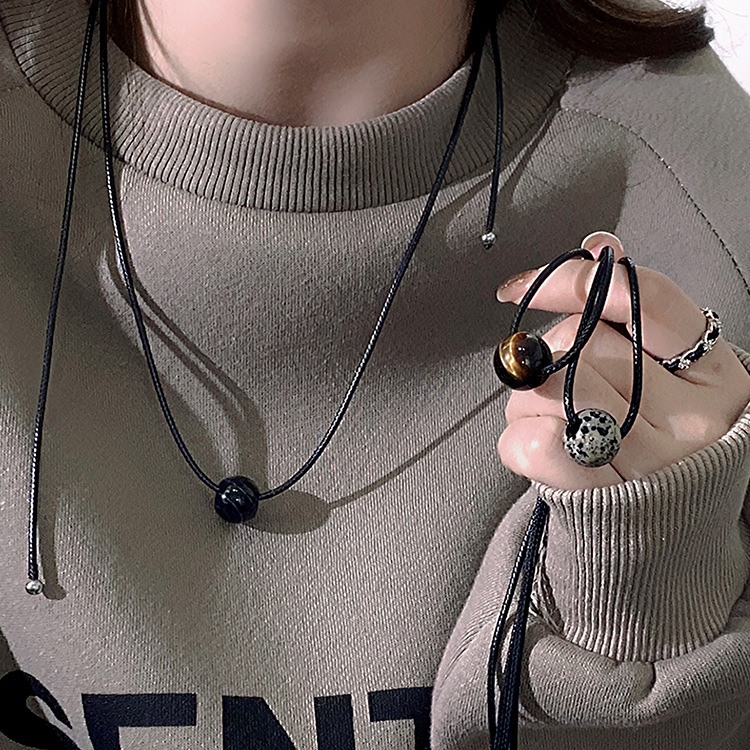 Vintage Geometric Natural Stone Bead Pendant Necklace Adjustable Black Rope Collarbone Chain Unisex Boho Jewelry Gift-malachite