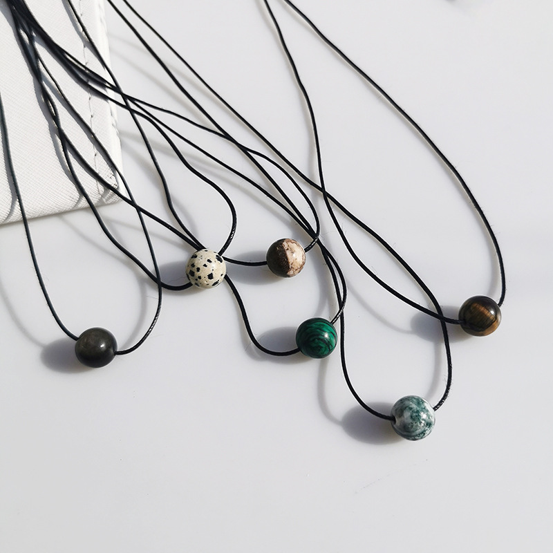 6-piece Vintage Geometric Natural Stone Bead Pendant Necklace Adjustable Black Rope Collarbone Chain Unisex Boho Jewelry Gift