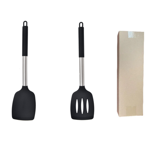 Black 2-Piece Silicone Spatula Set Slotted Turner Solid Turner Stainless Steel Handle Heat Resistant Non-Stick Cookware Kitchen Utensils