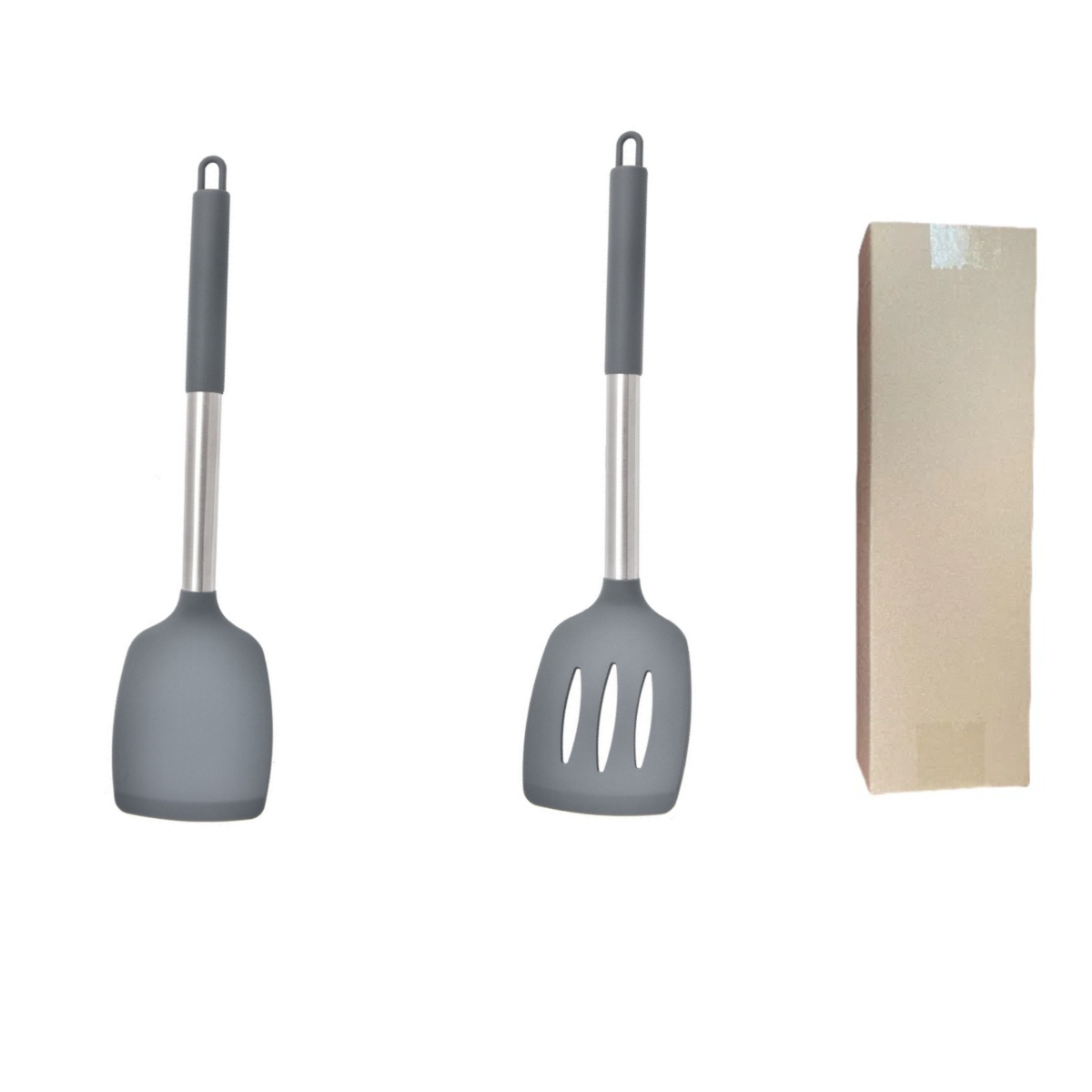 Grey 2-Piece Silicone Spatula Set Slotted Turner Solid Turner Stainless Steel Handle Heat Resistant Non-Stick Cookware Kitchen Utensils