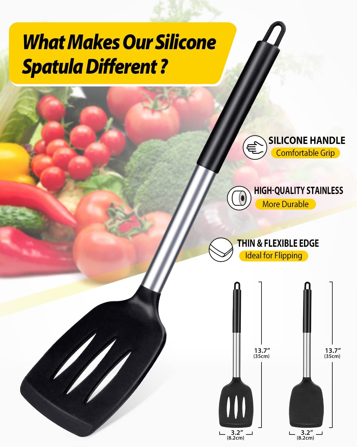 Grey 2-Piece Silicone Spatula Set Slotted Turner Solid Turner Stainless Steel Handle Heat Resistant Non-Stick Cookware Kitchen Utensils