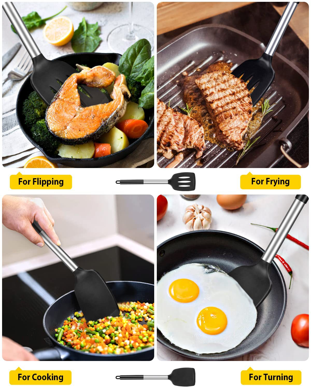 Grey 2-Piece Silicone Spatula Set Slotted Turner Solid Turner Stainless Steel Handle Heat Resistant Non-Stick Cookware Kitchen Utensils