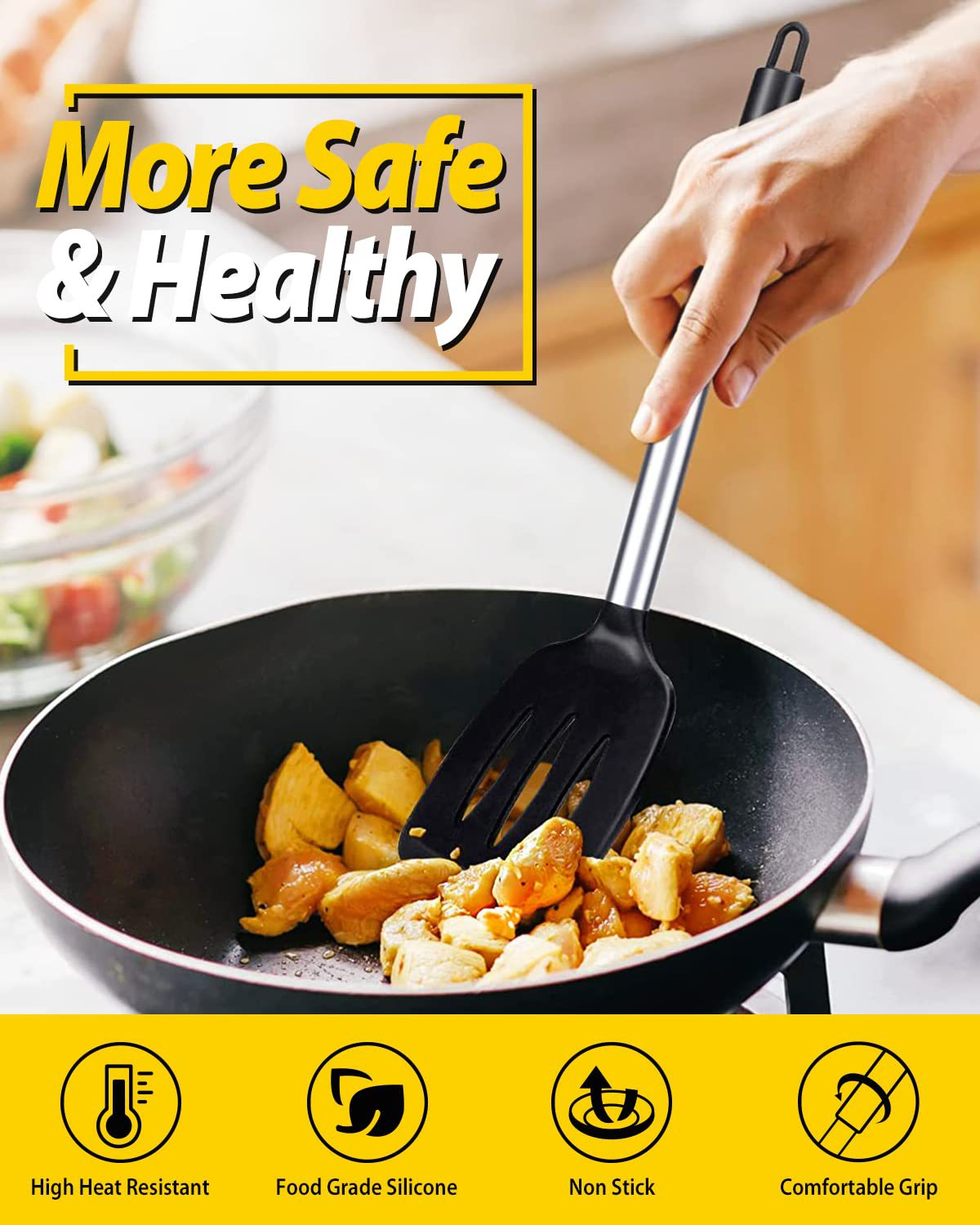 Grey 2-Piece Silicone Spatula Set Slotted Turner Solid Turner Stainless Steel Handle Heat Resistant Non-Stick Cookware Kitchen Utensils