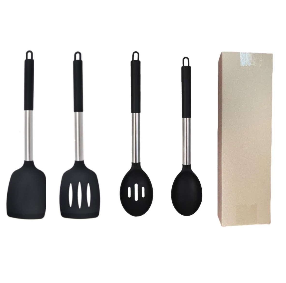 Black 4-Piece Silicone Spatula Set Slotted Turner Solid Turner Stainless Steel Handle Heat Resistant Non-Stick Cookware Kitchen Utensils