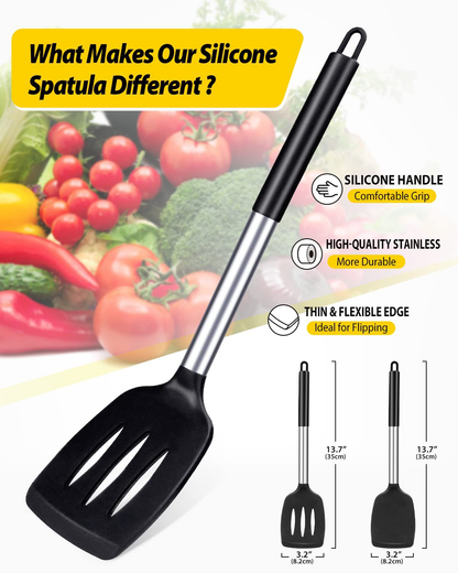Black 4-Piece Silicone Spatula Set Slotted Turner Solid Turner Stainless Steel Handle Heat Resistant Non-Stick Cookware Kitchen Utensils