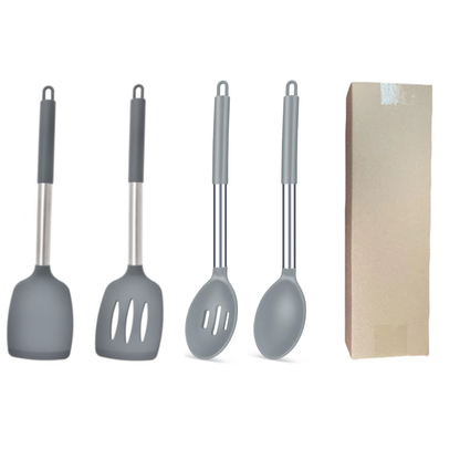 Grey 4-Piece Silicone Spatula Set Slotted Turner Solid Turner Stainless Steel Handle Heat Resistant Non-Stick Cookware Kitchen Utensils