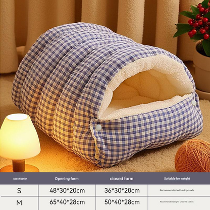 S size Blue Plaid Cat Cave Bed Winter Warm Enclosed Pet House Cozy Cat Sleeping Bag Semi-Enclosed Cat Nest Small Dog Bed PP Cotton Filling Washable Pet Supplies
