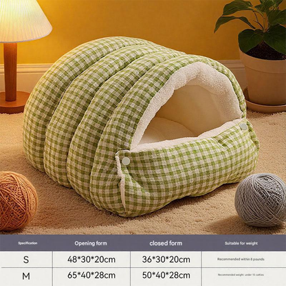 S size Green Plaid Cat Cave Bed Winter Warm Enclosed Pet House Cozy Cat Sleeping Bag Semi-Enclosed Cat Nest Small Dog Bed PP Cotton Filling Washable Pet Supplies