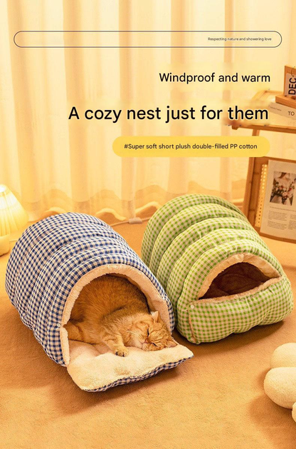 S size Orange Plaid Cat Cave Bed Winter Warm Enclosed Pet House Cozy Cat Sleeping Bag Semi-Enclosed Cat Nest Small Dog Bed PP Cotton Filling Washable Pet Supplies