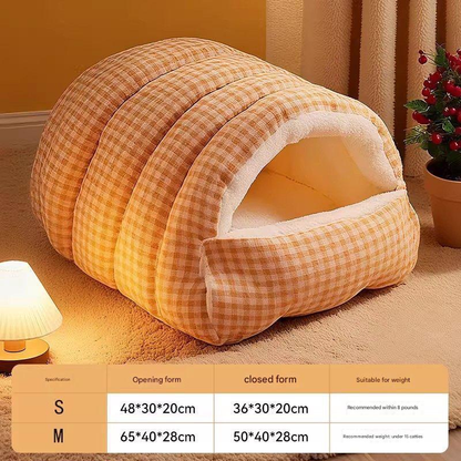 M size Orange Plaid Cat Cave Bed Winter Warm Enclosed Pet House Cozy Cat Sleeping Bag Semi-Enclosed Cat Nest Small Dog Bed PP Cotton Filling Washable Pet Supplies