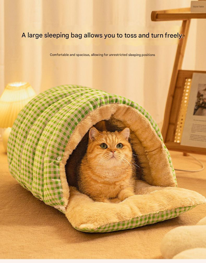 M size Orange Plaid Cat Cave Bed Winter Warm Enclosed Pet House Cozy Cat Sleeping Bag Semi-Enclosed Cat Nest Small Dog Bed PP Cotton Filling Washable Pet Supplies