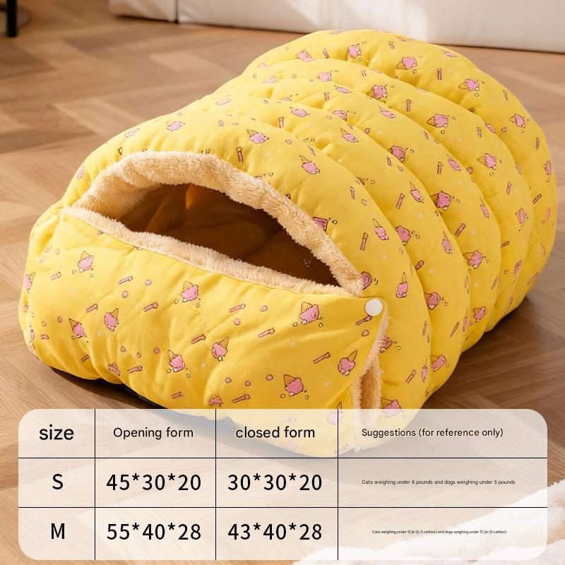 M size Yellow Plaid Cat Cave Bed Winter Warm Enclosed Pet House Cozy Cat Sleeping Bag Semi-Enclosed Cat Nest Small Dog Bed PP Cotton Filling Washable Pet Supplies