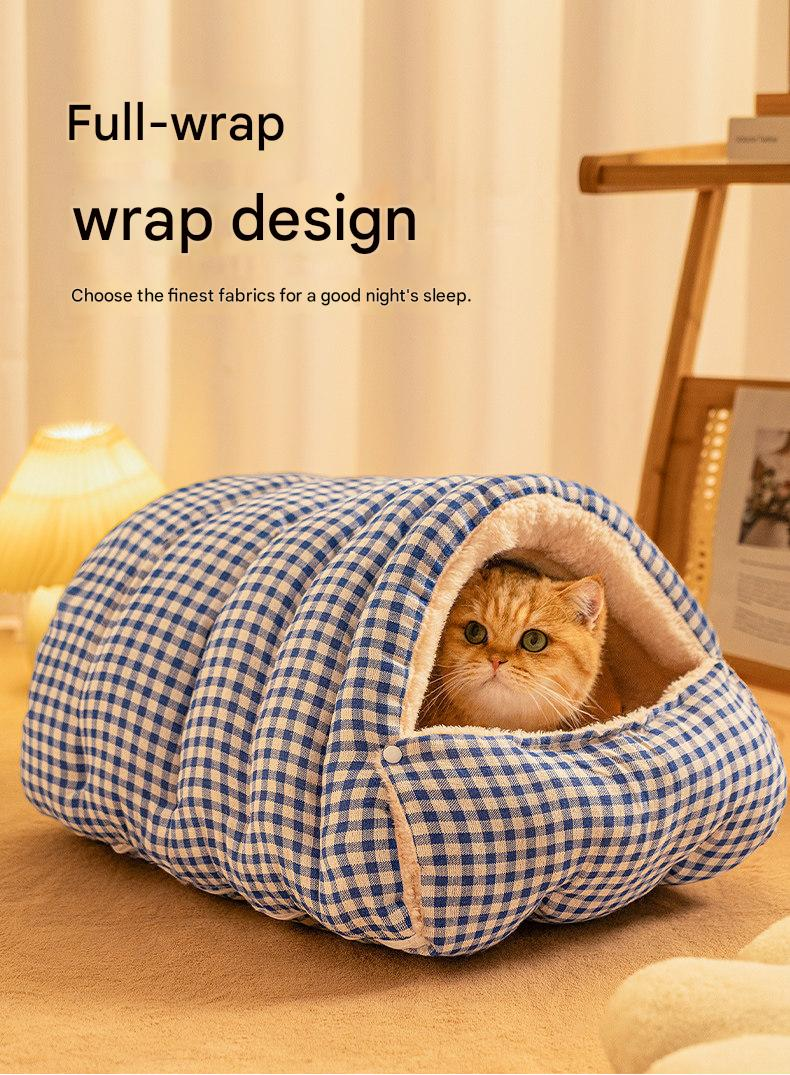 M size Yellow Plaid Cat Cave Bed Winter Warm Enclosed Pet House Cozy Cat Sleeping Bag Semi-Enclosed Cat Nest Small Dog Bed PP Cotton Filling Washable Pet Supplies