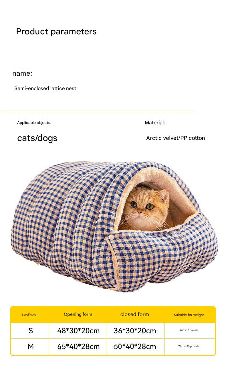 M size Yellow Plaid Cat Cave Bed Winter Warm Enclosed Pet House Cozy Cat Sleeping Bag Semi-Enclosed Cat Nest Small Dog Bed PP Cotton Filling Washable Pet Supplies