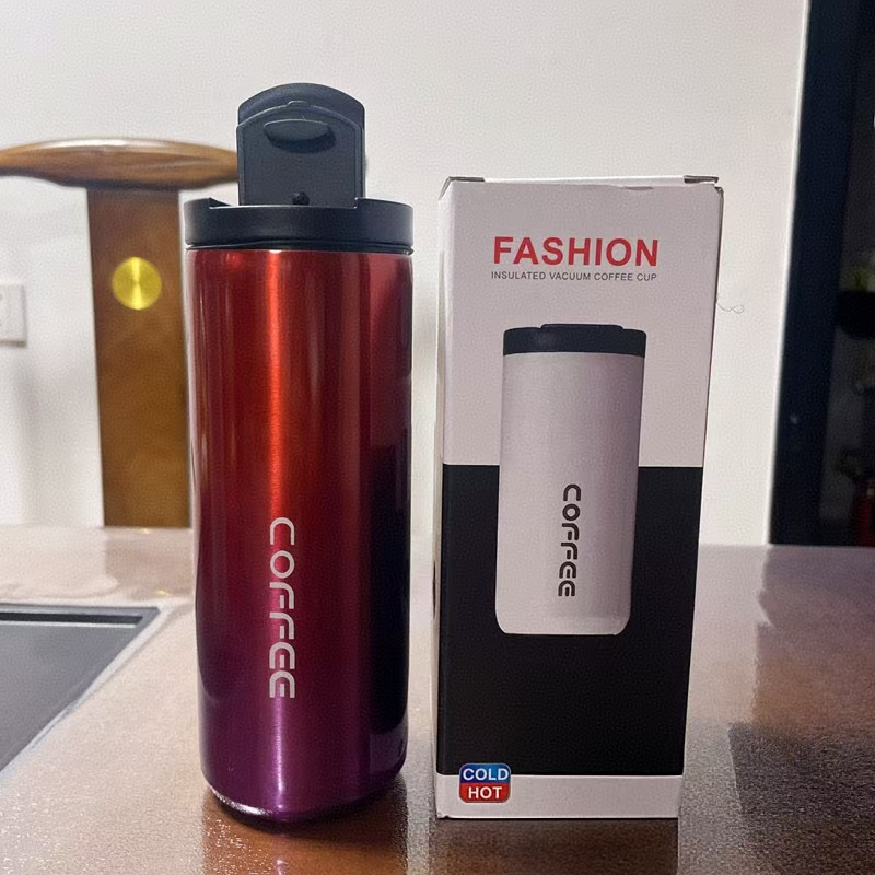 Gradient Red Stainless Steel Coffee Mug 500ml Vacuum Insulated Travel Cup 8 Hours Heat Retention Leak-Proof Lid 304 Food-Grade Steel Portable Office Car Tumbler Reusable Gift Cup