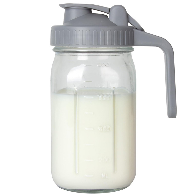 Grey Glass Mason Jar Pitcher 32oz with Flip Lid Pour Spout Milk Jug Leak-Proof Airtight Seal Wide Mouth Beverage Container Cold Brew Coffee Iced Tea Juice Milk Dispenser Fridge Storage