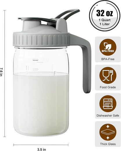 Grey Glass Mason Jar Pitcher 32oz with Flip Lid Pour Spout Milk Jug Leak-Proof Airtight Seal Wide Mouth Beverage Container Cold Brew Coffee Iced Tea Juice Milk Dispenser Fridge Storage