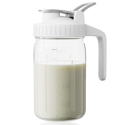White Glass Mason Jar Pitcher 32oz with Flip Lid Pour Spout Milk Jug Leak-Proof Airtight Seal Wide Mouth Beverage Container Cold Brew Coffee Iced Tea Juice Milk Dispenser Fridge Storage