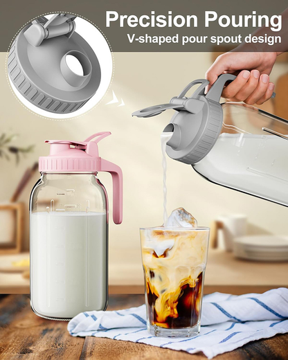 White Glass Mason Jar Pitcher 32oz with Flip Lid Pour Spout Milk Jug Leak-Proof Airtight Seal Wide Mouth Beverage Container Cold Brew Coffee Iced Tea Juice Milk Dispenser Fridge Storage