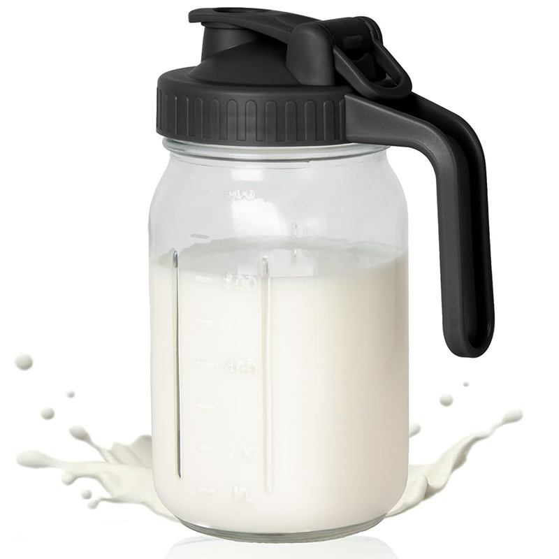 Black Glass Mason Jar Pitcher 32oz with Flip Lid Pour Spout Milk Jug Leak-Proof Airtight Seal Wide Mouth Beverage Container Cold Brew Coffee Iced Tea Juice Milk Dispenser Fridge Storage