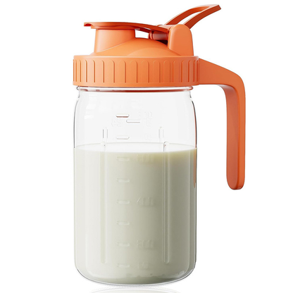 Orange Glass Mason Jar Pitcher 32oz with Flip Lid Pour Spout Milk Jug Leak-Proof Airtight Seal Wide Mouth Beverage Container Cold Brew Coffee Iced Tea Juice Milk Dispenser Fridge Storage