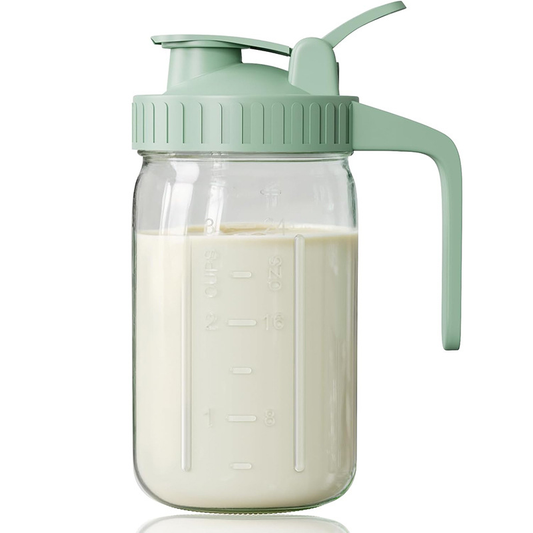 Green Glass Mason Jar Pitcher 32oz with Flip Lid Pour Spout Milk Jug Leak-Proof Airtight Seal Wide Mouth Beverage Container Cold Brew Coffee Iced Tea Juice Milk Dispenser Fridge Storage