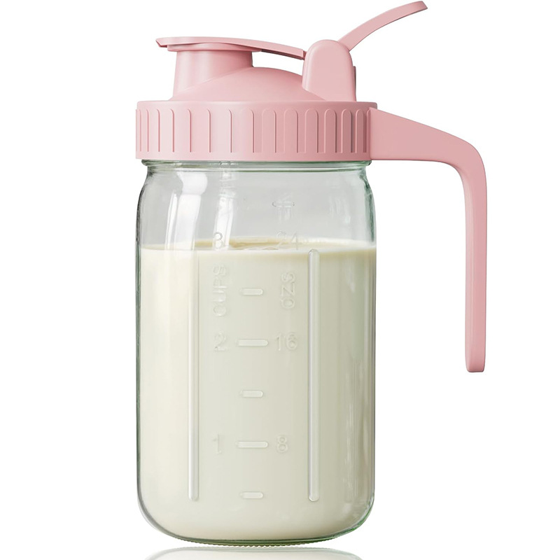 Pink Glass Mason Jar Pitcher 32oz with Flip Lid Pour Spout Milk Jug Leak-Proof Airtight Seal Wide Mouth Beverage Container Cold Brew Coffee Iced Tea Juice Milk Dispenser Fridge Storage