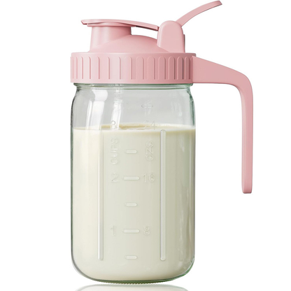 Pink Glass Mason Jar Pitcher 32oz with Flip Lid Pour Spout Milk Jug Leak-Proof Airtight Seal Wide Mouth Beverage Container Cold Brew Coffee Iced Tea Juice Milk Dispenser Fridge Storage