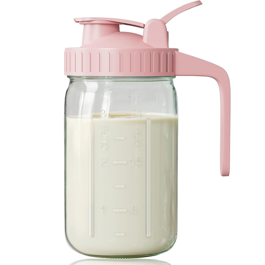 Pink Glass Mason Jar Pitcher 32oz with Flip Lid Pour Spout Milk Jug Leak-Proof Airtight Seal Wide Mouth Beverage Container Cold Brew Coffee Iced Tea Juice Milk Dispenser Fridge Storage