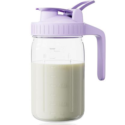 Purple Glass Mason Jar Pitcher 32oz with Flip Lid Pour Spout Milk Jug Leak-Proof Airtight Seal Wide Mouth Beverage Container Cold Brew Coffee Iced Tea Juice Milk Dispenser Fridge Storage