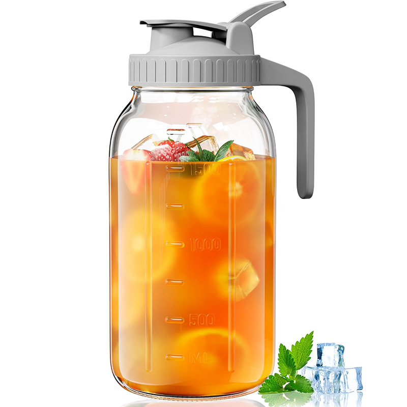 Grey Glass Mason Jar Pitcher 64oz with Flip Lid Pour Spout Milk Jug Leak-Proof Airtight Seal Wide Mouth Beverage Container Cold Brew Coffee Iced Tea Juice Milk Dispenser Fridge Storage