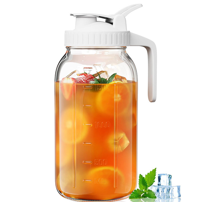White Glass Mason Jar Pitcher 64oz with Flip Lid Pour Spout Milk Jug Leak-Proof Airtight Seal Wide Mouth Beverage Container Cold Brew Coffee Iced Tea Juice Milk Dispenser Fridge Storage