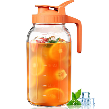 Orange Glass Mason Jar Pitcher 64oz with Flip Lid Pour Spout Milk Jug Leak-Proof Airtight Seal Wide Mouth Beverage Container Cold Brew Coffee Iced Tea Juice Milk Dispenser Fridge Storage