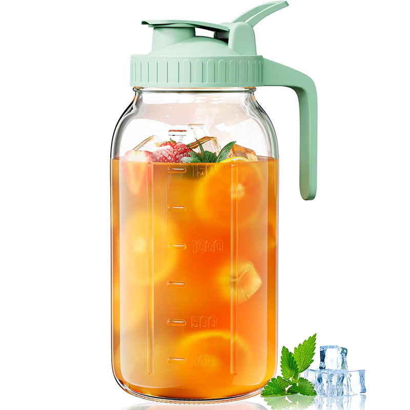 Green Glass Mason Jar Pitcher 64oz with Flip Lid Pour Spout Milk Jug Leak-Proof Airtight Seal Wide Mouth Beverage Container Cold Brew Coffee Iced Tea Juice Milk Dispenser Fridge Storage