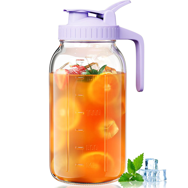 Purple Glass Mason Jar Pitcher 64oz with Flip Lid Pour Spout Milk Jug Leak-Proof Airtight Seal Wide Mouth Beverage Container Cold Brew Coffee Iced Tea Juice Milk Dispenser Fridge Storage