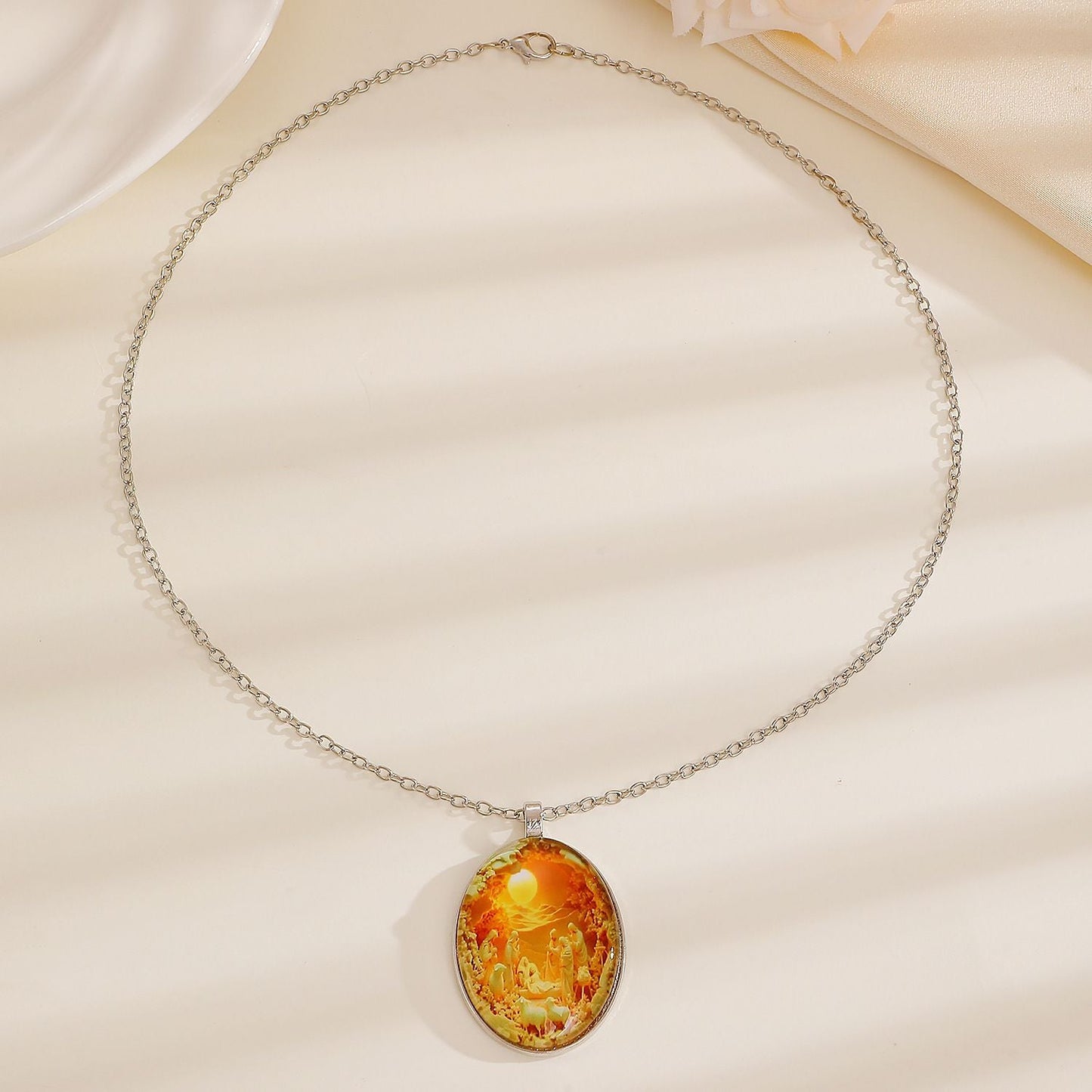 3D Nativity Scene Necklace-  Oval Pendant, Jesus Birth Christmas Easter Gift for Women Men, Zinc Alloy Chain Necklace