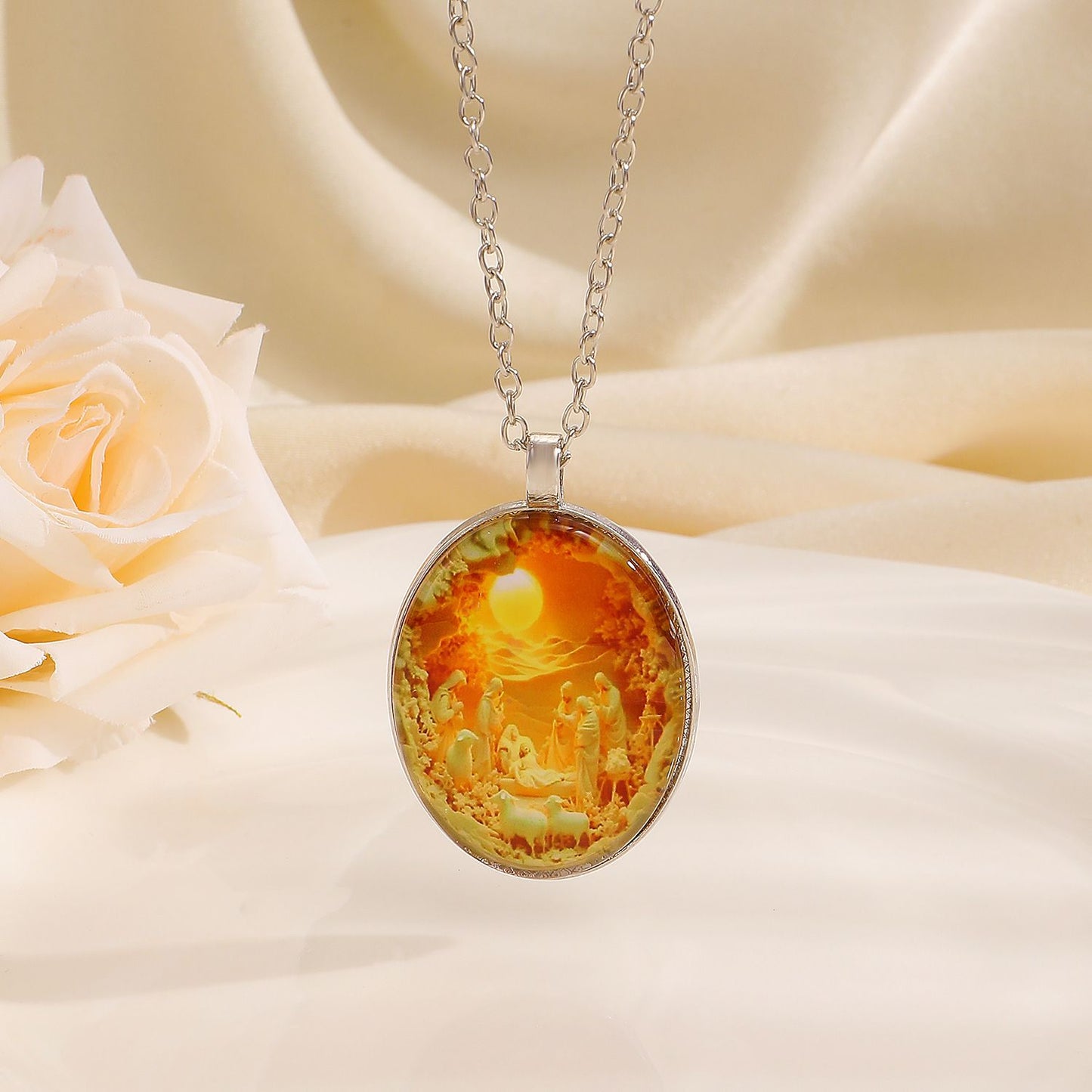 3D Nativity Scene Necklace-  Oval Pendant, Jesus Birth Christmas Easter Gift for Women Men, Zinc Alloy Chain Necklace