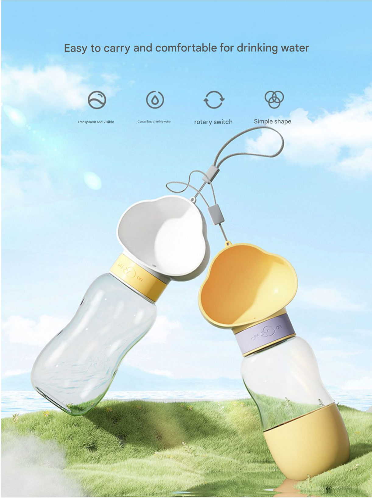 Yellow  Portable Dog Water Bottle with Food Container - 2-in-1 Leak-Proof Pet Travel Water Dispenser, Cloud-Shaped Drinking Bowl, Twist-to-Dispense Design, BPA-Free HIPS/PET Material for Walking Hiking Travel