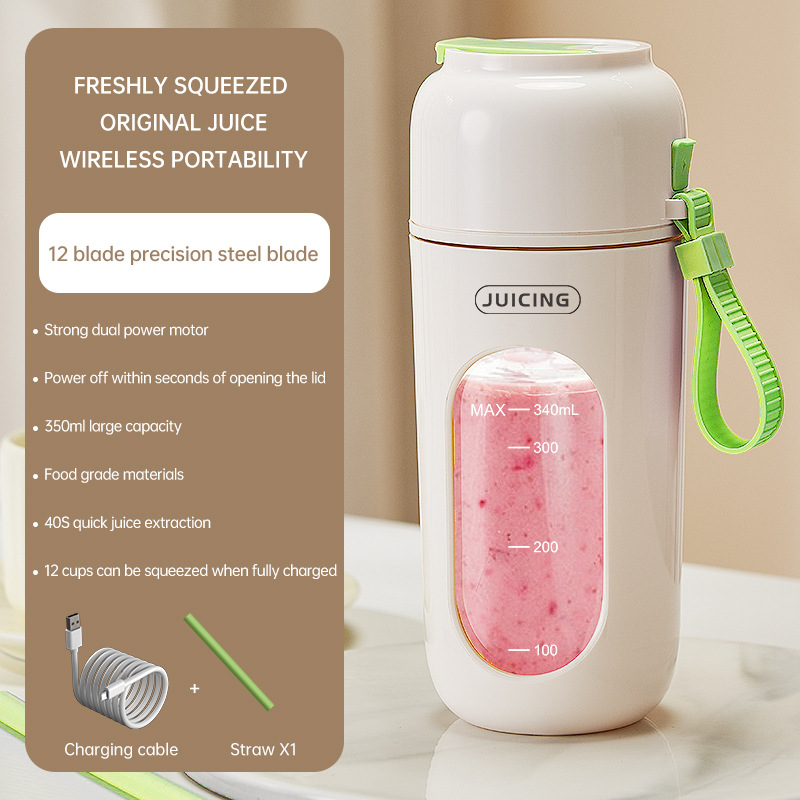 Green Portable Wireless Juicer Blender Cup - 350ml USB Rechargeable Personal Smoothie Maker with 12-Blade System, 40S Fast Extraction, BPA-Free Travel Juicing Cup for Home Office Gym Outdoor