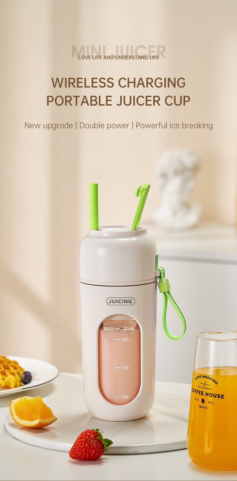 Green Portable Wireless Juicer Blender Cup - 350ml USB Rechargeable Personal Smoothie Maker with 12-Blade System, 40S Fast Extraction, BPA-Free Travel Juicing Cup for Home Office Gym Outdoor