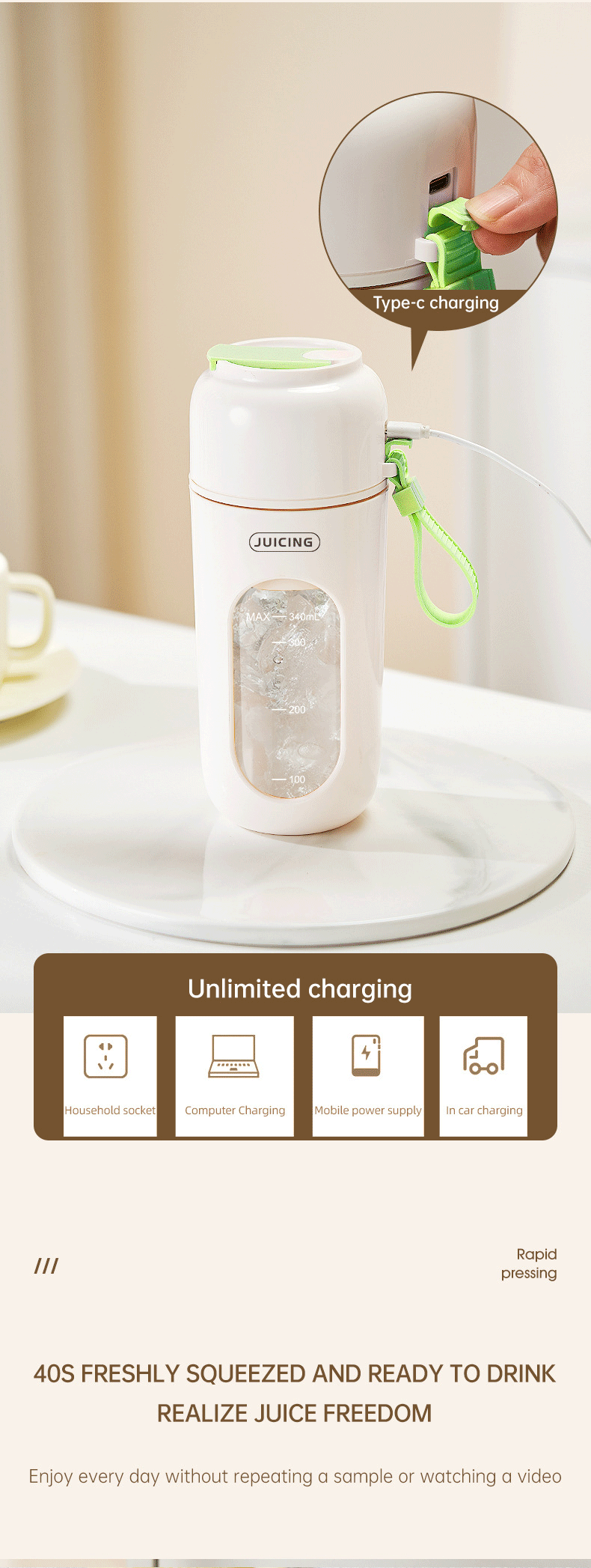 Purple Portable Wireless Juicer Blender Cup - 350ml USB Rechargeable Personal Smoothie Maker with 12-Blade System, 40S Fast Extraction, BPA-Free Travel Juicing Cup for Home Office Gym Outdoor